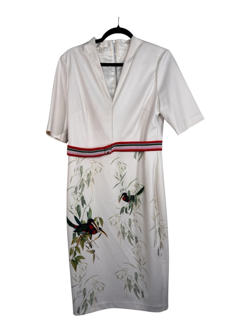 Ted Baker White Floral Bird Print Belted Sheath Dress Womens 4 Classic Corpcore